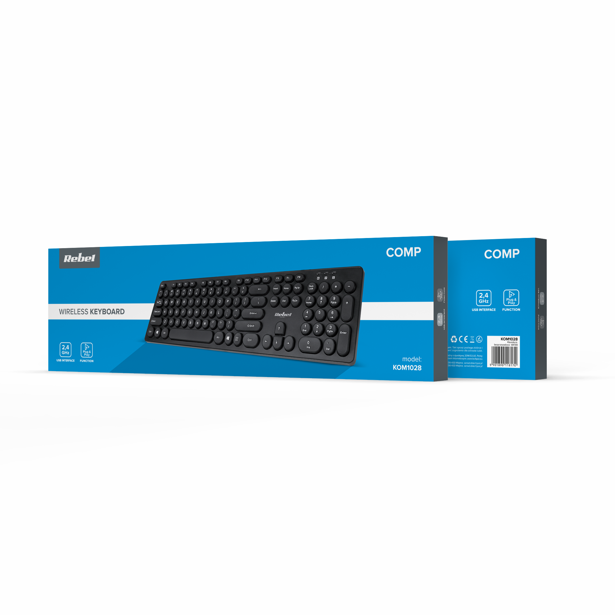 Niebieskie opakowanie produktu z czarną klawiaturą bezprzewodową Rebel, model KOM1028, na białym tle.