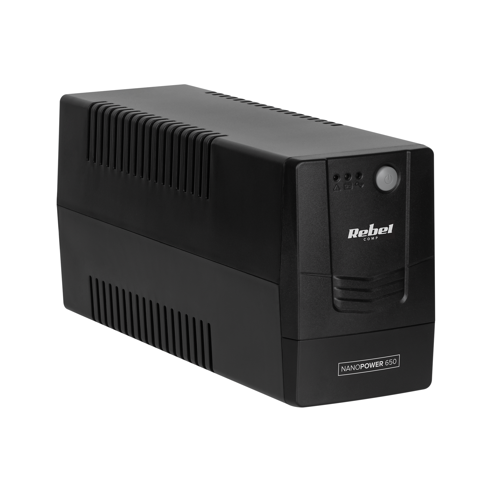 Czarny zasilacz awaryjny (UPS) Rebel Comp NanoPower 650 z przyciskiem zasilania na czarnym tle.