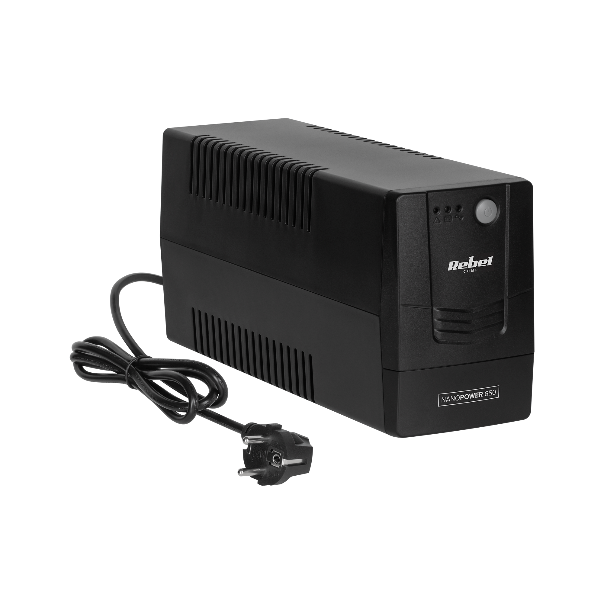 Czarne urządzenie UPS Rebel Nanopower 650 z podłączonym przewodem zasilającym na czarnym tle.