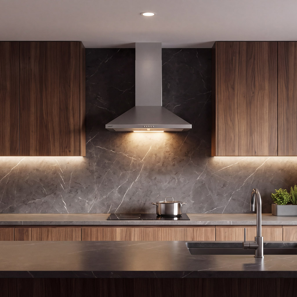 Cocina moderna con gabinetes de madera, salpicadero de mármol gris, campana de acero inoxidable, placa y una isla negra con fregadero.