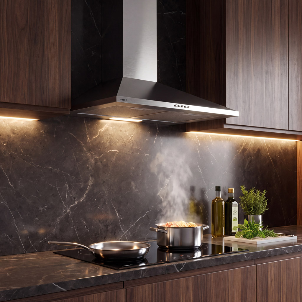 Cocina moderna con campana extractora, olla humeante, sartén y gabinetes de madera.