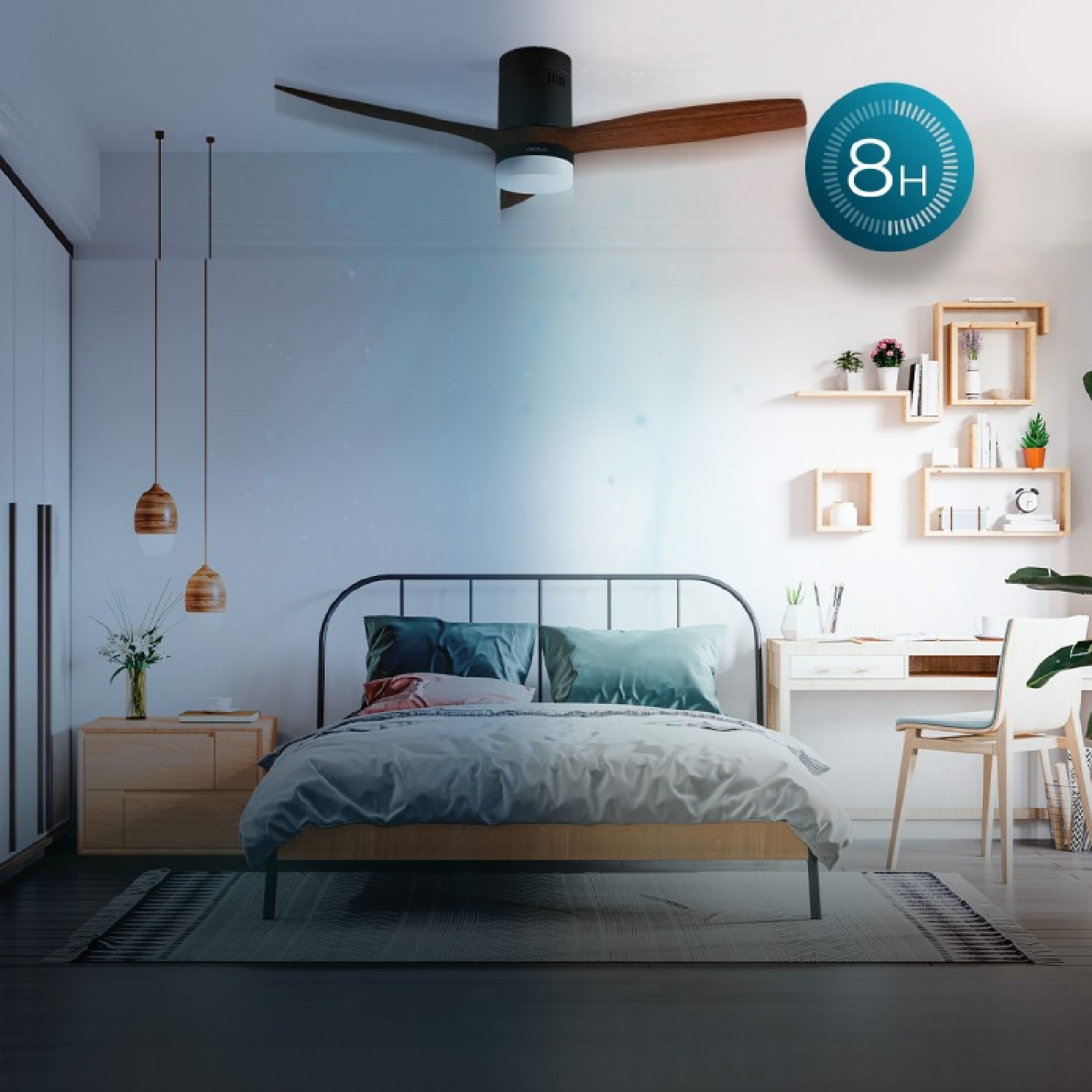 Un dormitorio moderno con una cama, ventilador de techo con aspas de madera, lámparas colgantes y un escritorio.