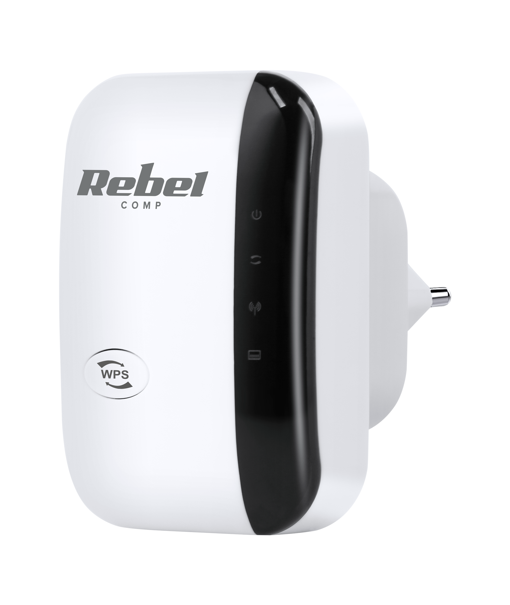 Biało-czarny wzmacniacz sygnału Wi-Fi z logo Rebel Comp i przyciskiem WPS na czarnym tle.