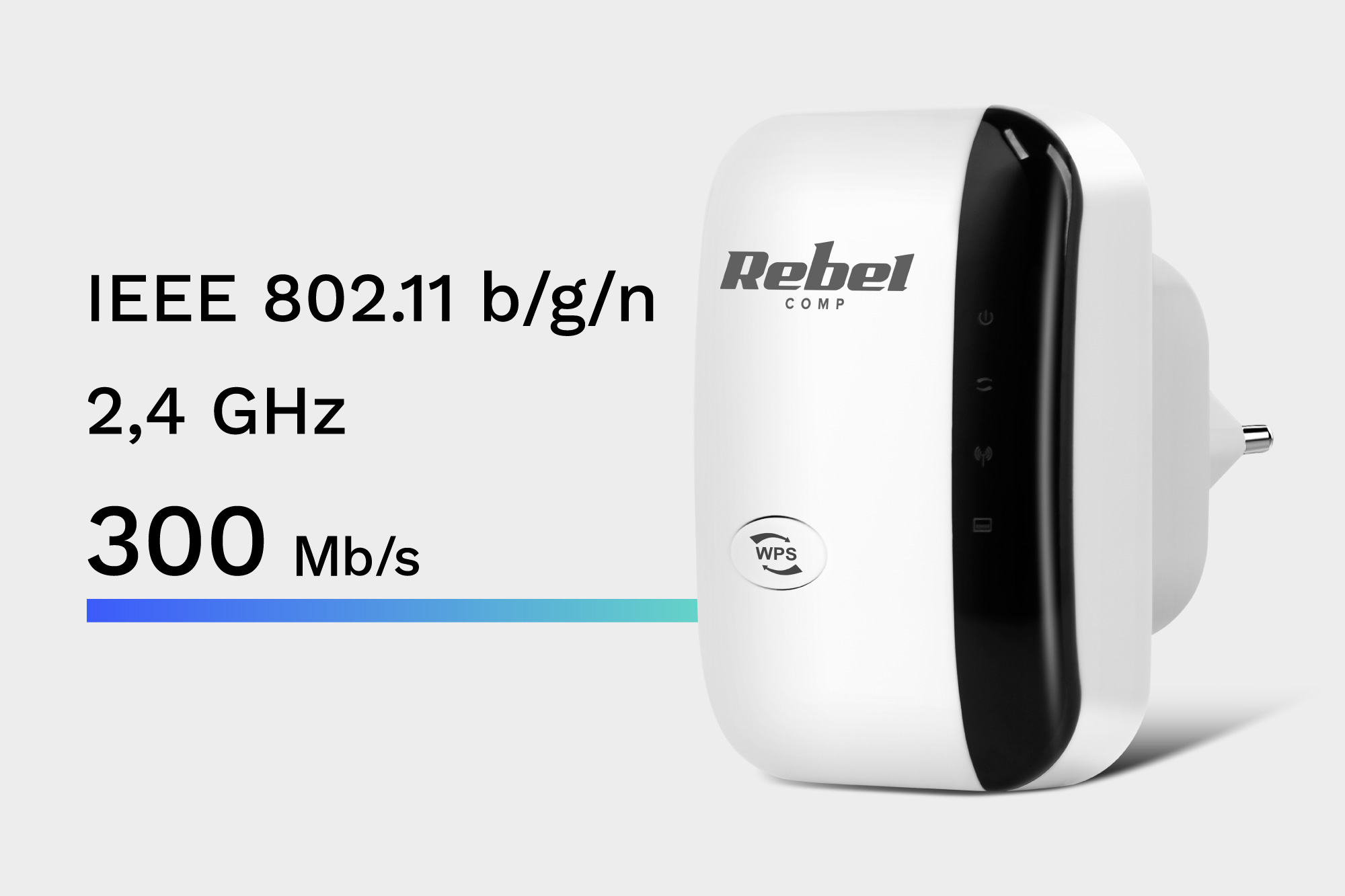 Biały wzmacniacz sygnału Wi-Fi Rebel Comp ze specyfikacją techniczną na szarym tle.