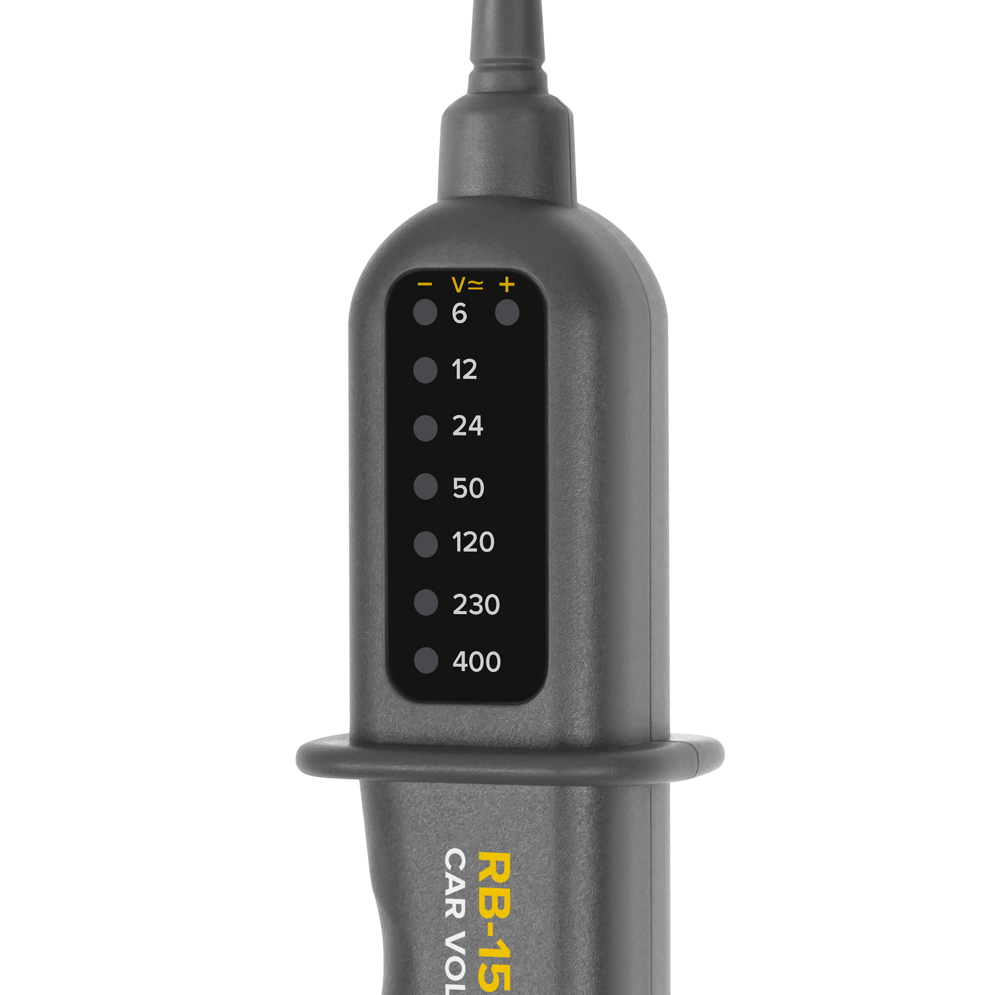 Szary tester napięcia elektrycznego z wyświetlaczem LED pokazującym wartości od 6 do 400 na czarnym tle.