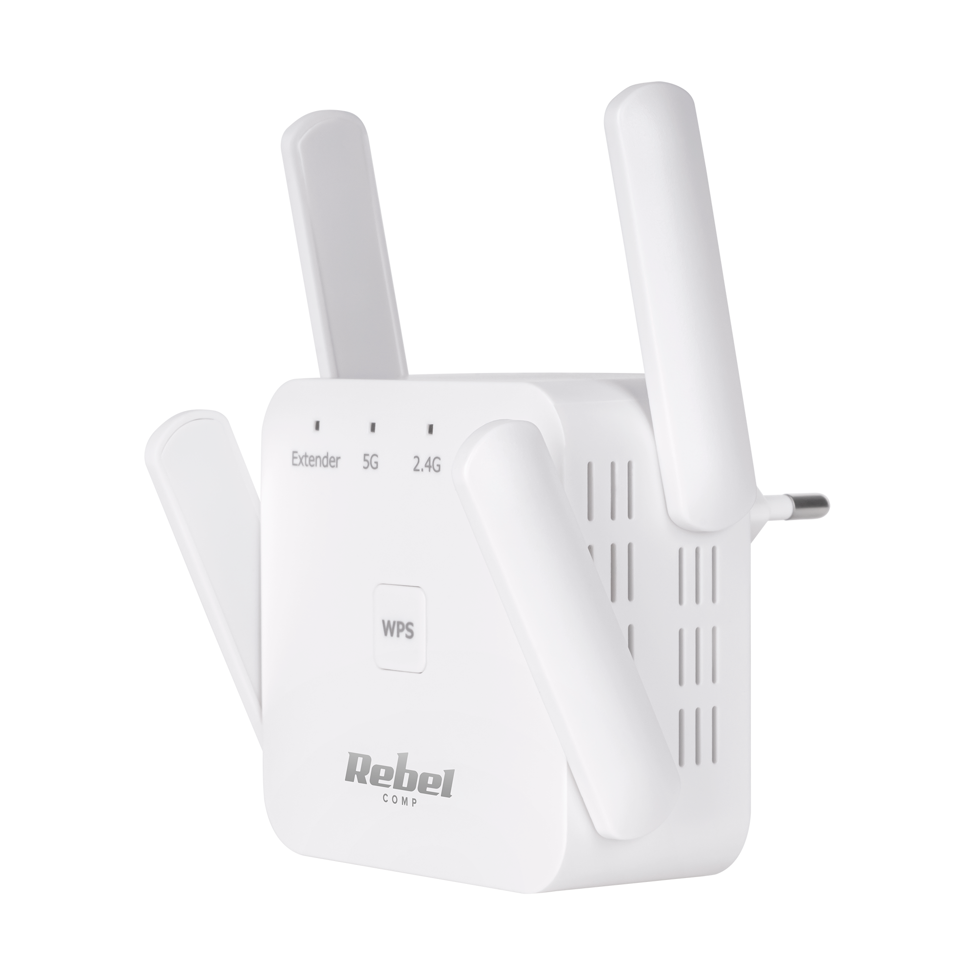 Biały wzmacniacz sygnału Wi-Fi Rebel Comp z czterema antenami i wskaźnikami LED na czarnym tle.