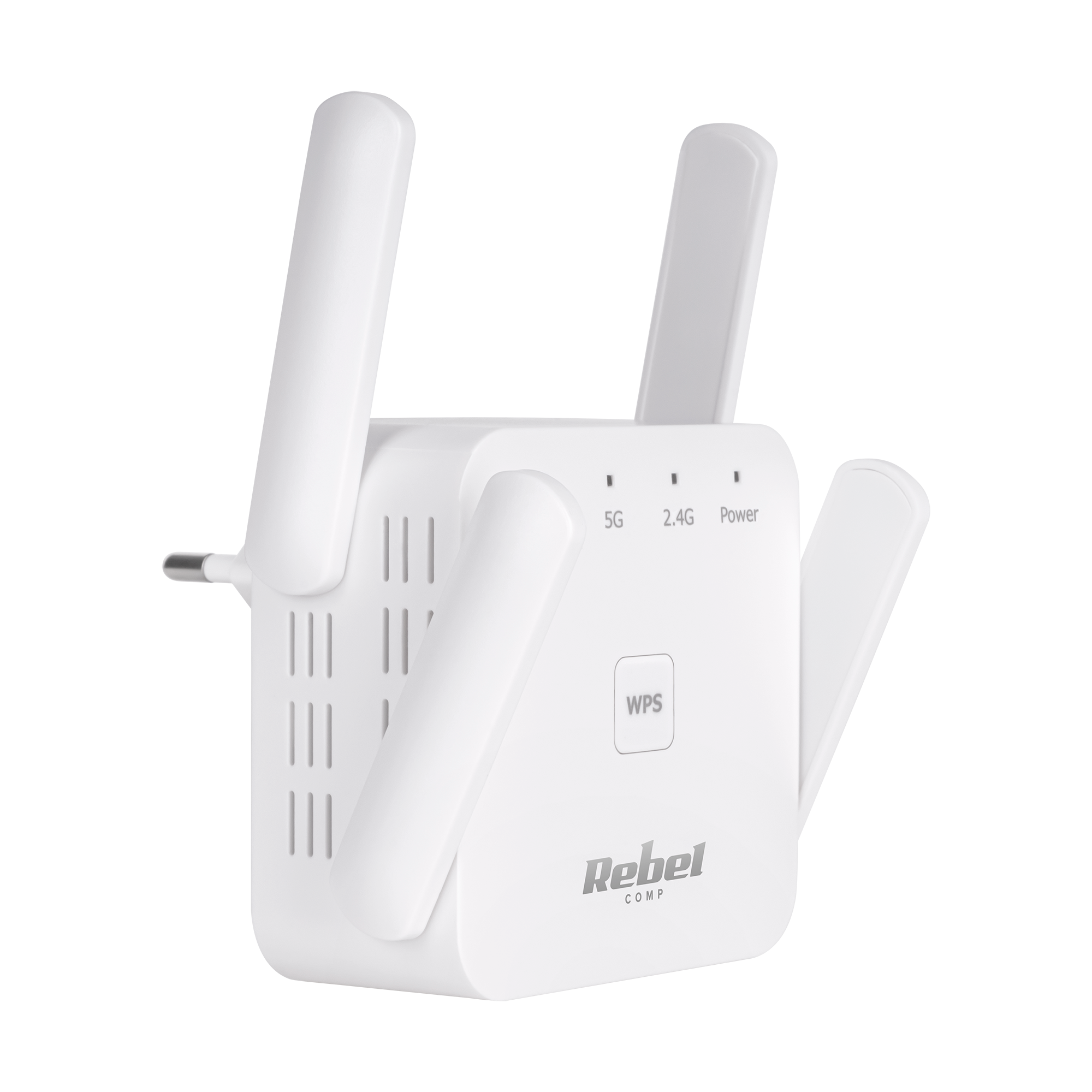 Biały wzmacniacz sygnału Wi-Fi z czterema antenami i napisem Rebel COMP na czarnym tle.