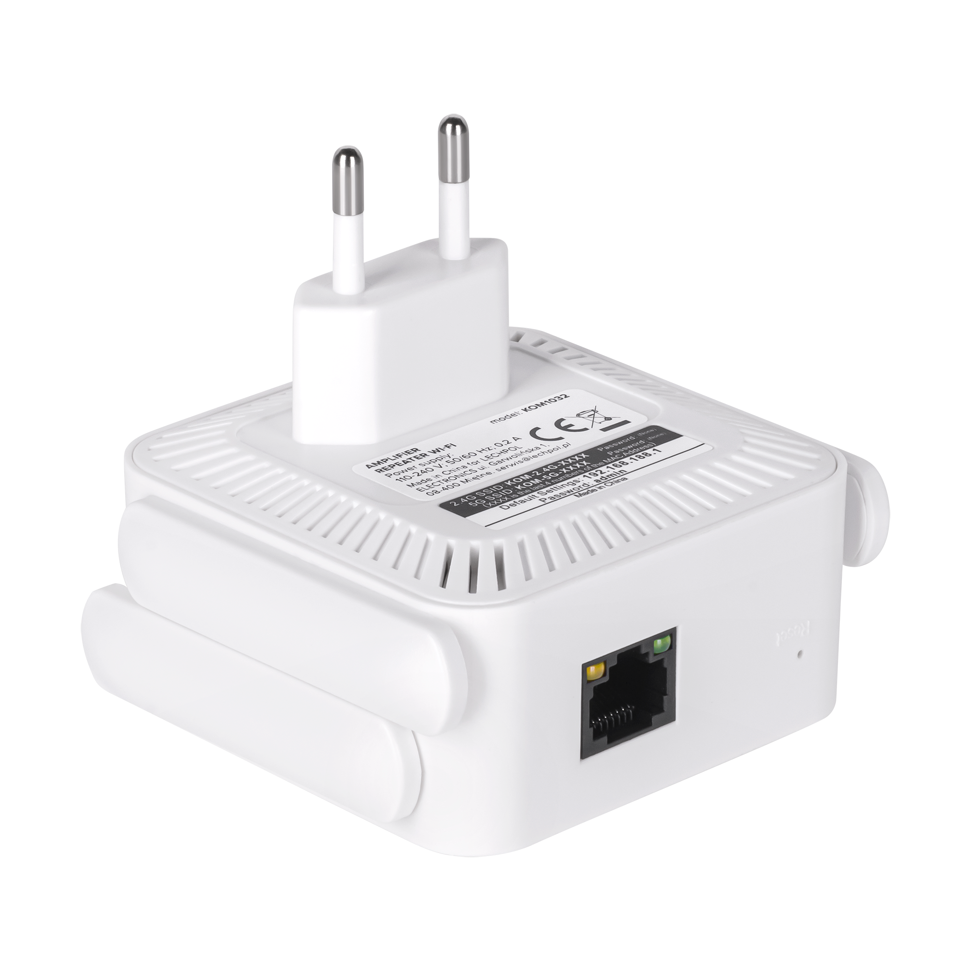 Biały wzmacniacz sygnału Wi-Fi z dwoma bolcami wtyczki i portem Ethernet na czarnym tle.