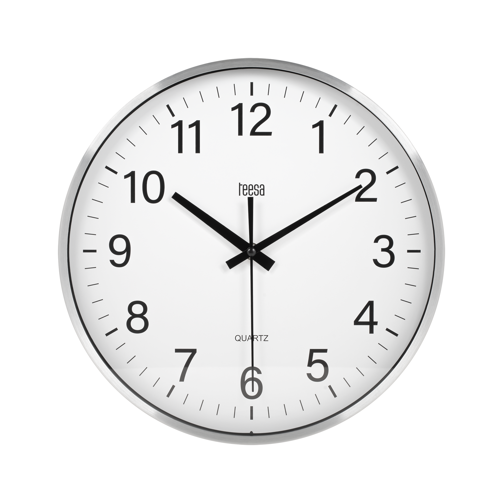 Okrągły srebrny zegar ścienny z białą tarczą, czarnymi cyframi i wskazówkami pokazującymi godzinę 10:11 na czarnym tle.