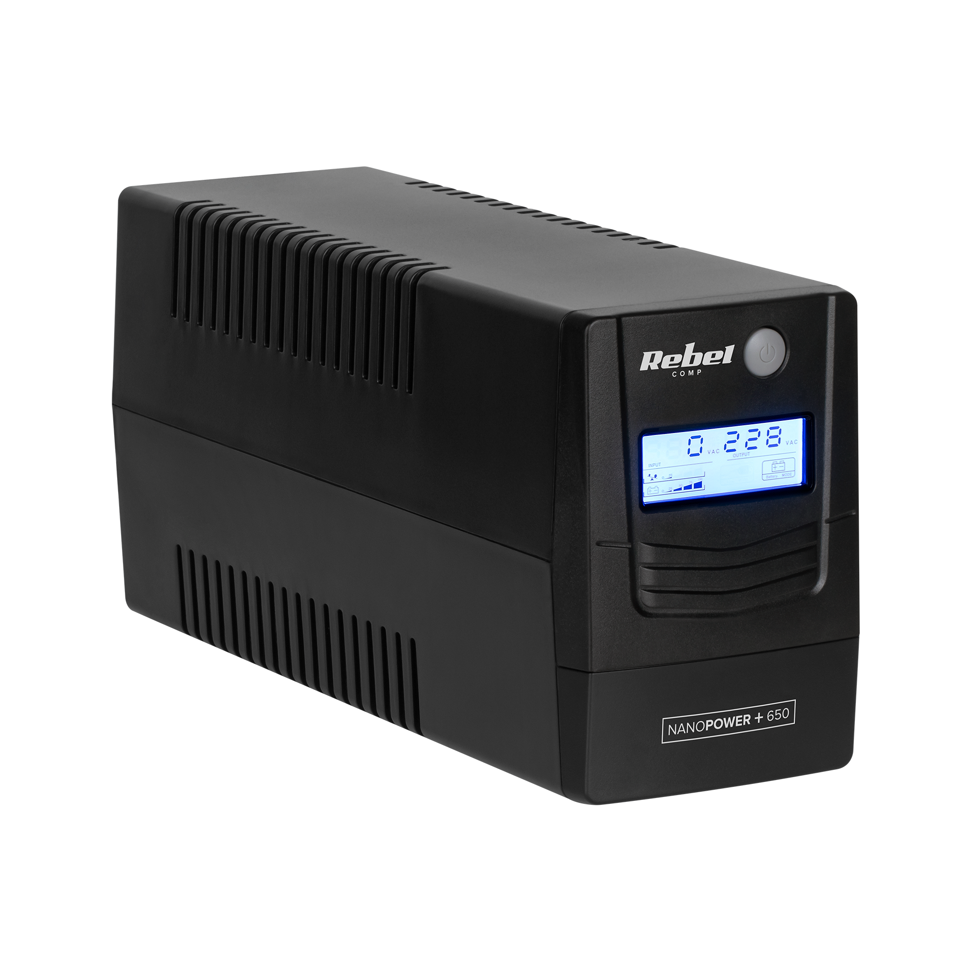 Czarne UPS Rebel NanoPower 650 z niebieskim ekranem LCD i szczelinami wentylacyjnymi na czarnym tle.