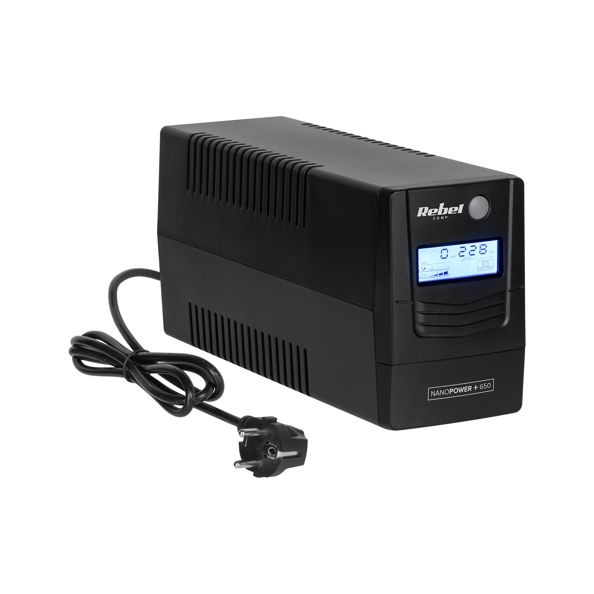 Czarny zasilaczy UPS Rebel Nanopower + 650 z niebieskim wyświetlaczem i kablem zasilającym na czarnym tle.