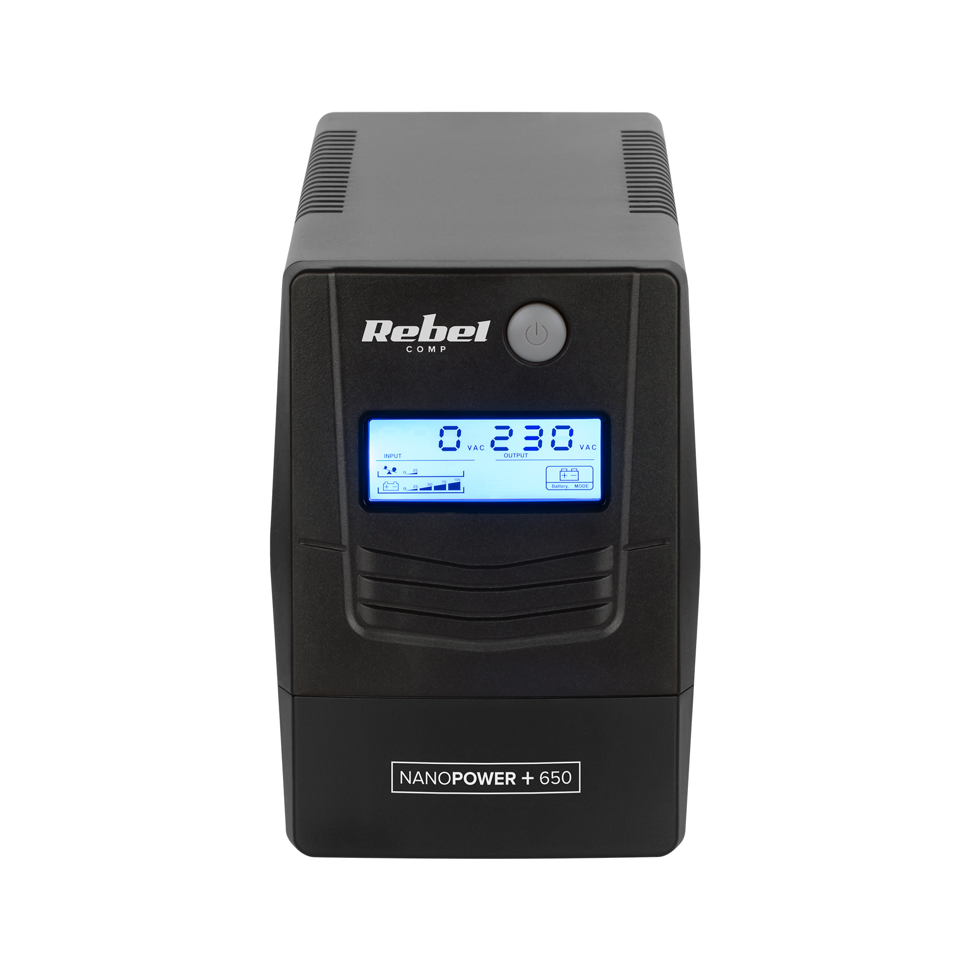 Czarne urządzenie UPS z wyświetlaczem cyfrowym, Rebel Comp NanoPower + 650, na czarnym tle.