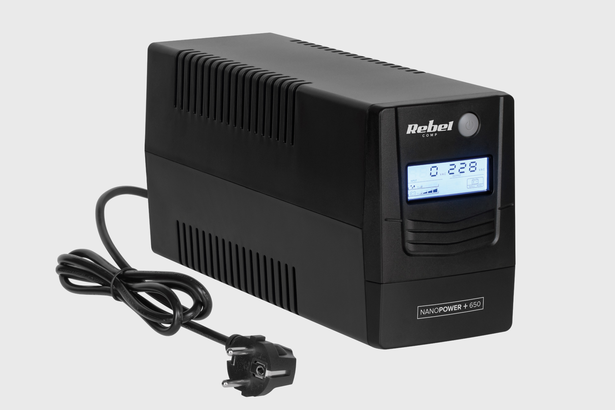 Czarny zasilacza UPS Rebel Nanopower 650 z cyfrowym wyświetlaczem i przyciskiem.