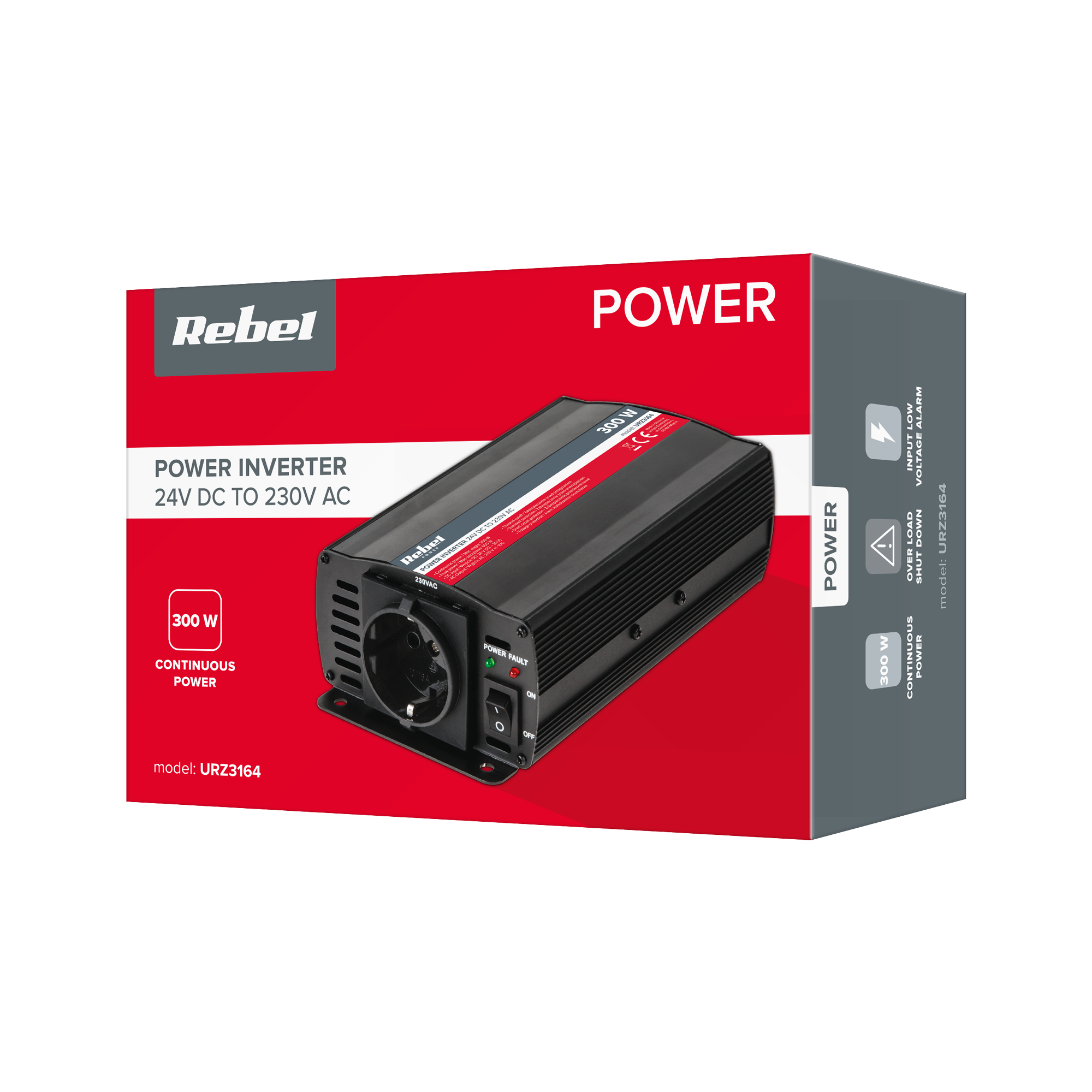 Czerwono-szare pudełko przedstawia przetwornicę napięcia Rebel 300W 24V DC na 230V AC z gniazdem i włącznikiem.
