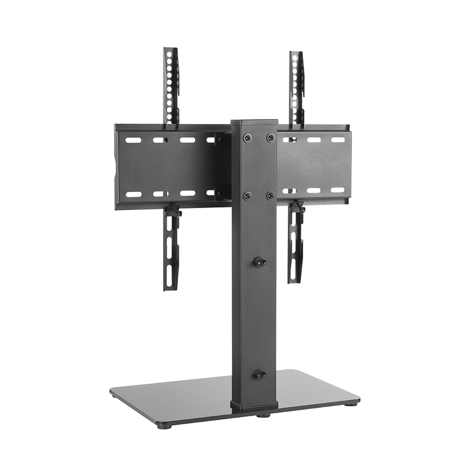 Un soporte de TV de metal negro con base plana, columna vertical y soporte de montaje sobre fondo blanco.