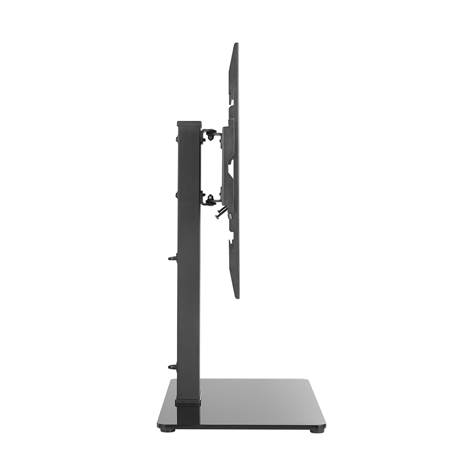 Vista lateral de un soporte de TV negro de metal con base rectangular y soporte.