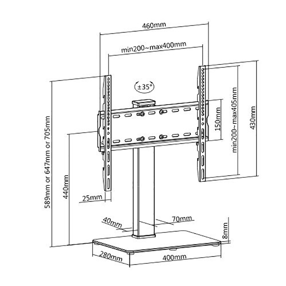 Dibujo técnico de un soporte de TV con dimensiones en milímetros y especificaciones de montaje.
