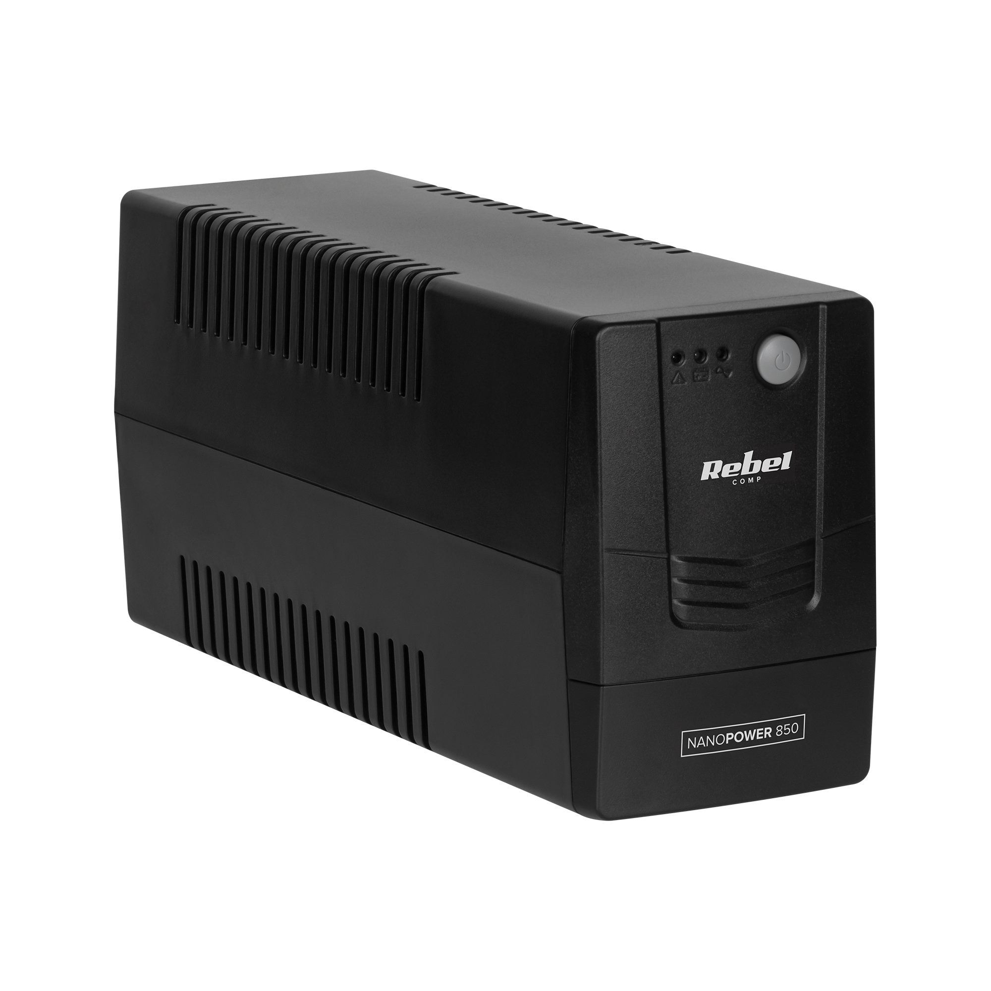 Czarne urządzenie UPS NanoPower 850 ze szczelinami wentylacyjnymi, przyciskiem zasilania i diodami na czarnym tle.