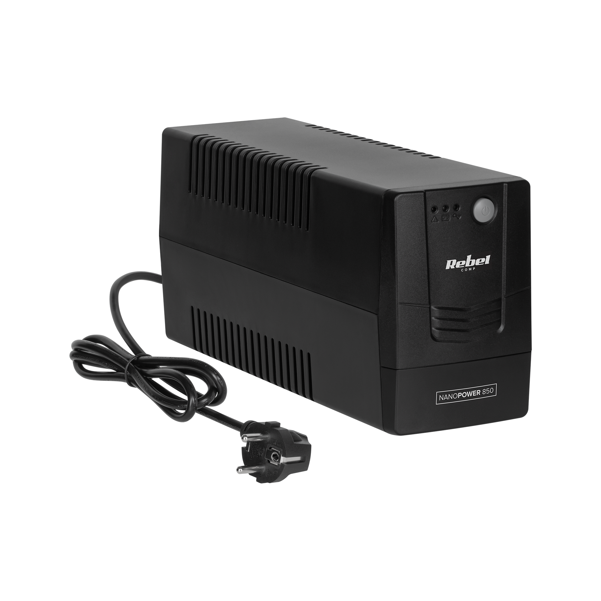 Czarne urządzenie UPS Rebel Nanopower 850 z kablem zasilającym i wtyczką na czarnym tle.