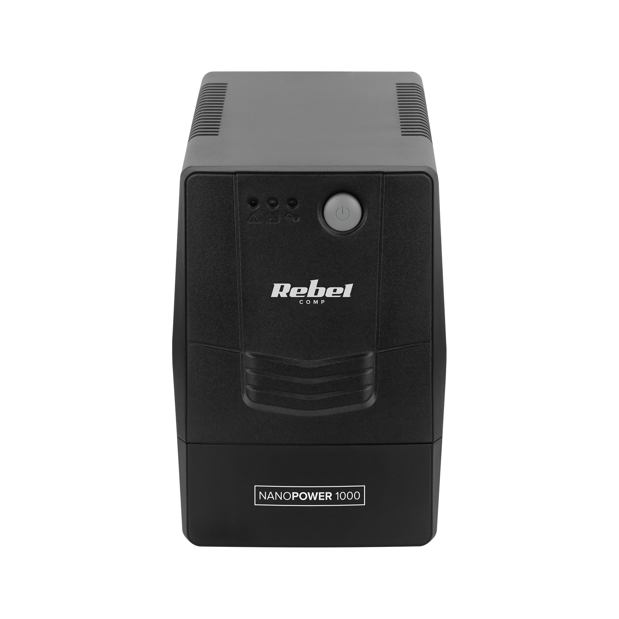 Czarne urządzenie UPS Rebel Comp NanoPower 1000 z przyciskiem zasilania i trzema diodami LED na czarnym tle.