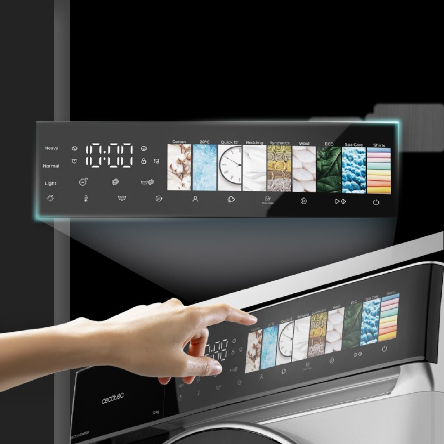 Una mano tocando el panel de control digital de una lavadora moderna con iconos de programas coloridos.