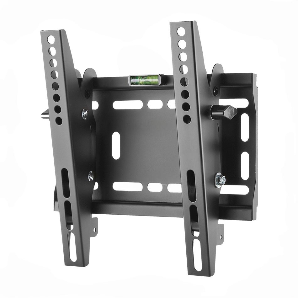 Un soporte de pared para TV de metal negro con nivel de burbuja integrado y dos brazos verticales.