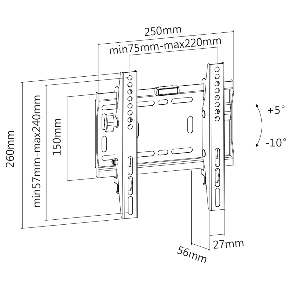 Dibujo técnico de un soporte de pared para TV con dimensiones en mm y ángulos de inclinación.