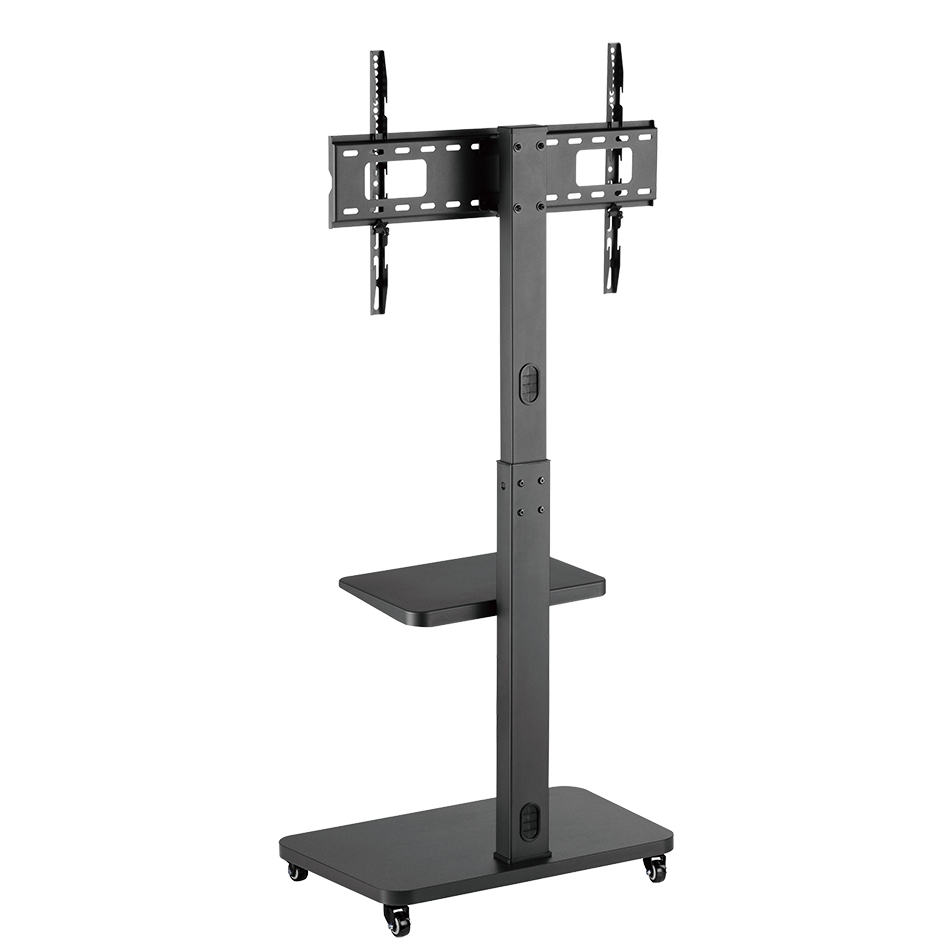Un carrito de TV negro con ruedas, columna central, estante inferior y soporte de montaje ajustable.