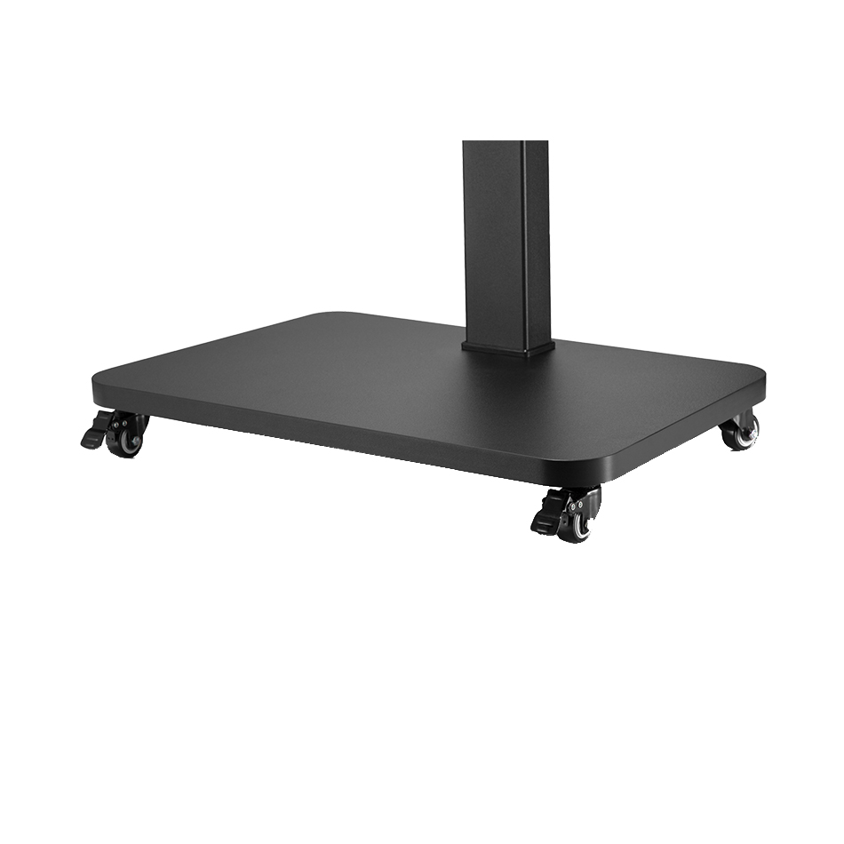 Una base de soporte rectangular negra sobre cuatro ruedas con una columna vertical central.