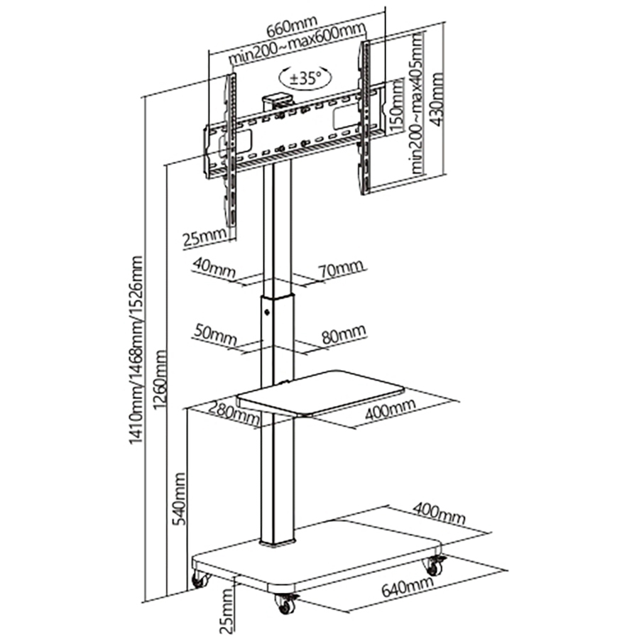 Dibujo técnico de un soporte móvil para TV con medidas.