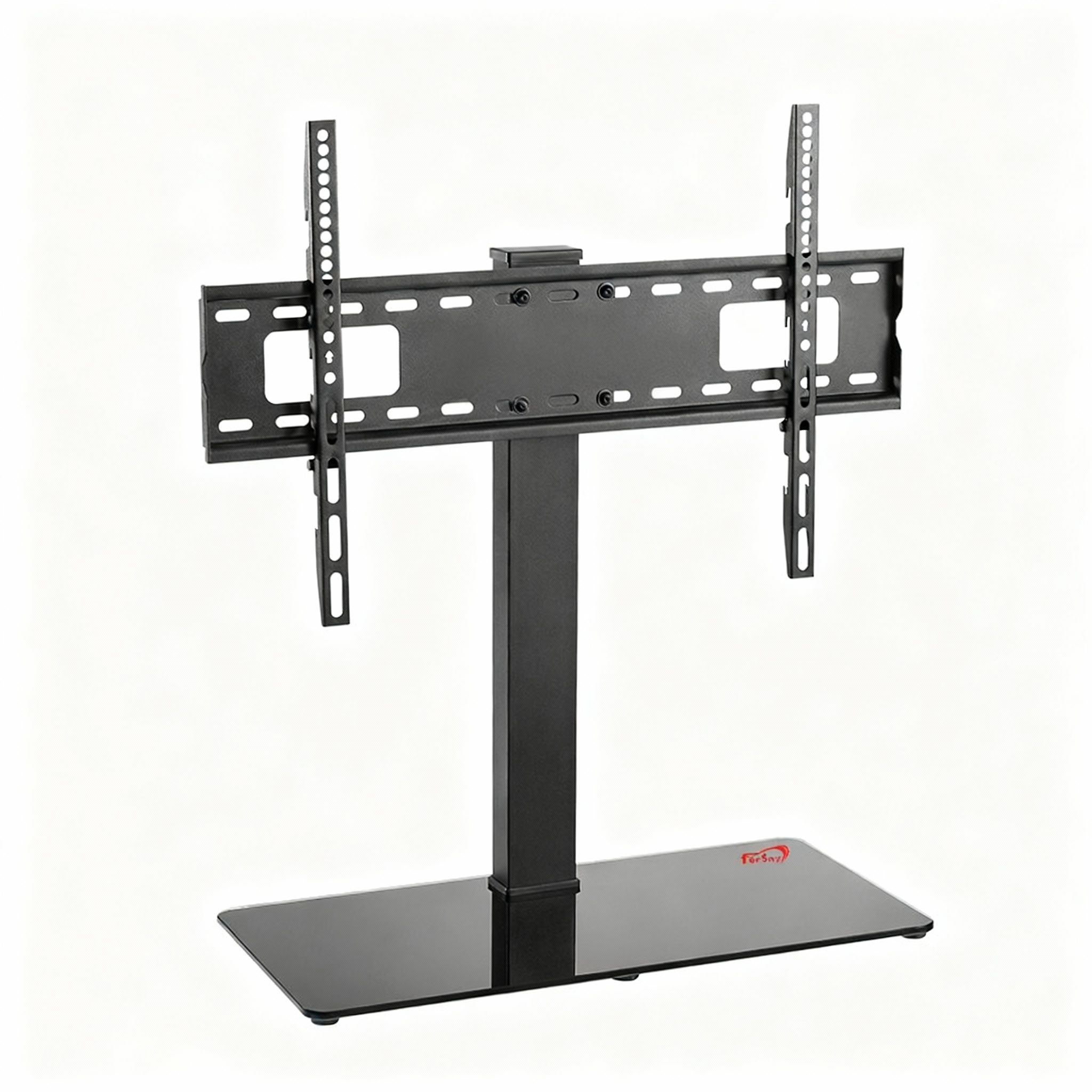 Un soporte de TV negro con una base de vidrio rectangular y soportes ajustables sobre fondo blanco.