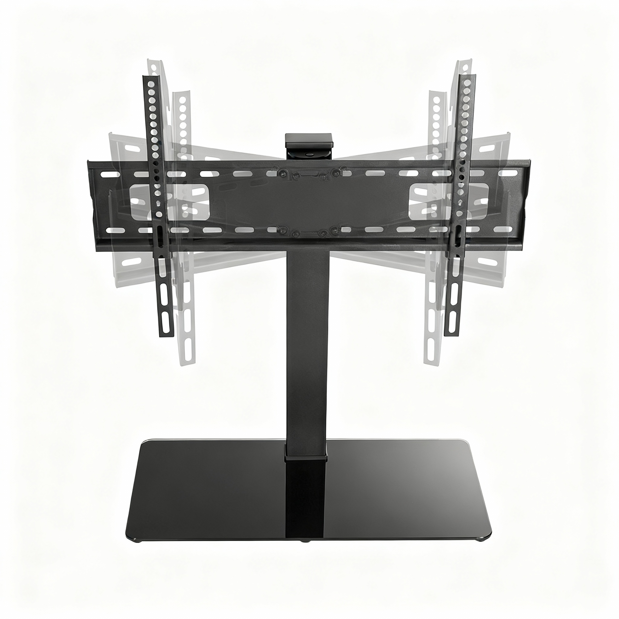 Soporte de TV negro ajustable sobre base de vidrio con fondo blanco.