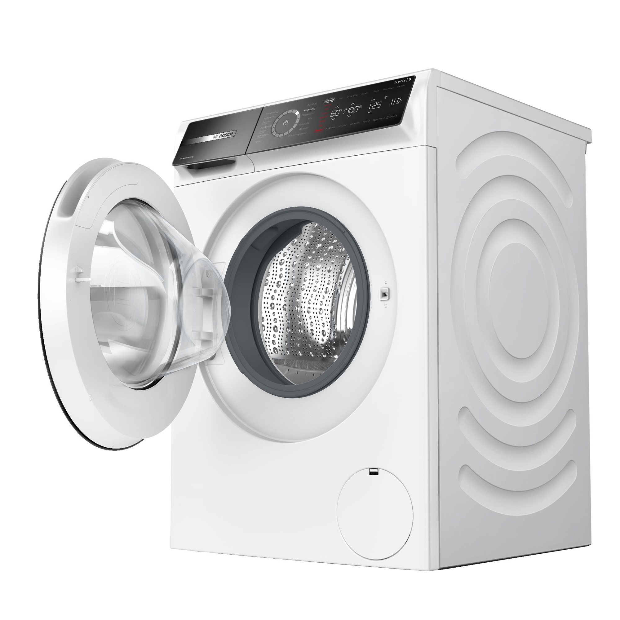 Eine weiße Bosch-Waschmaschine mit geöffneter Tür, digitalem Display und Edelstahltrommel vor weißem Hintergrund.