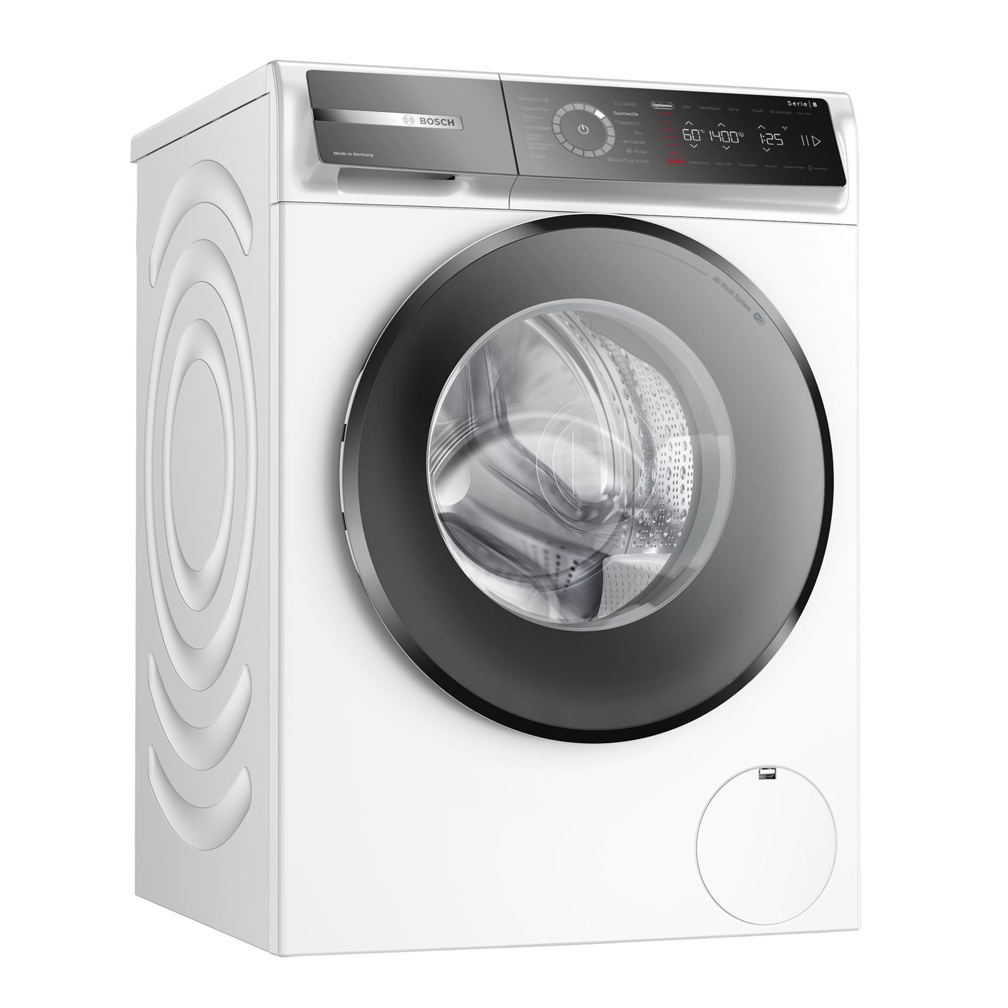 Eine weiße Bosch Waschmaschine Serie 8 mit schwarzer BullaugTür und digitalem Bedienfeld auf weißem Hintergrund.