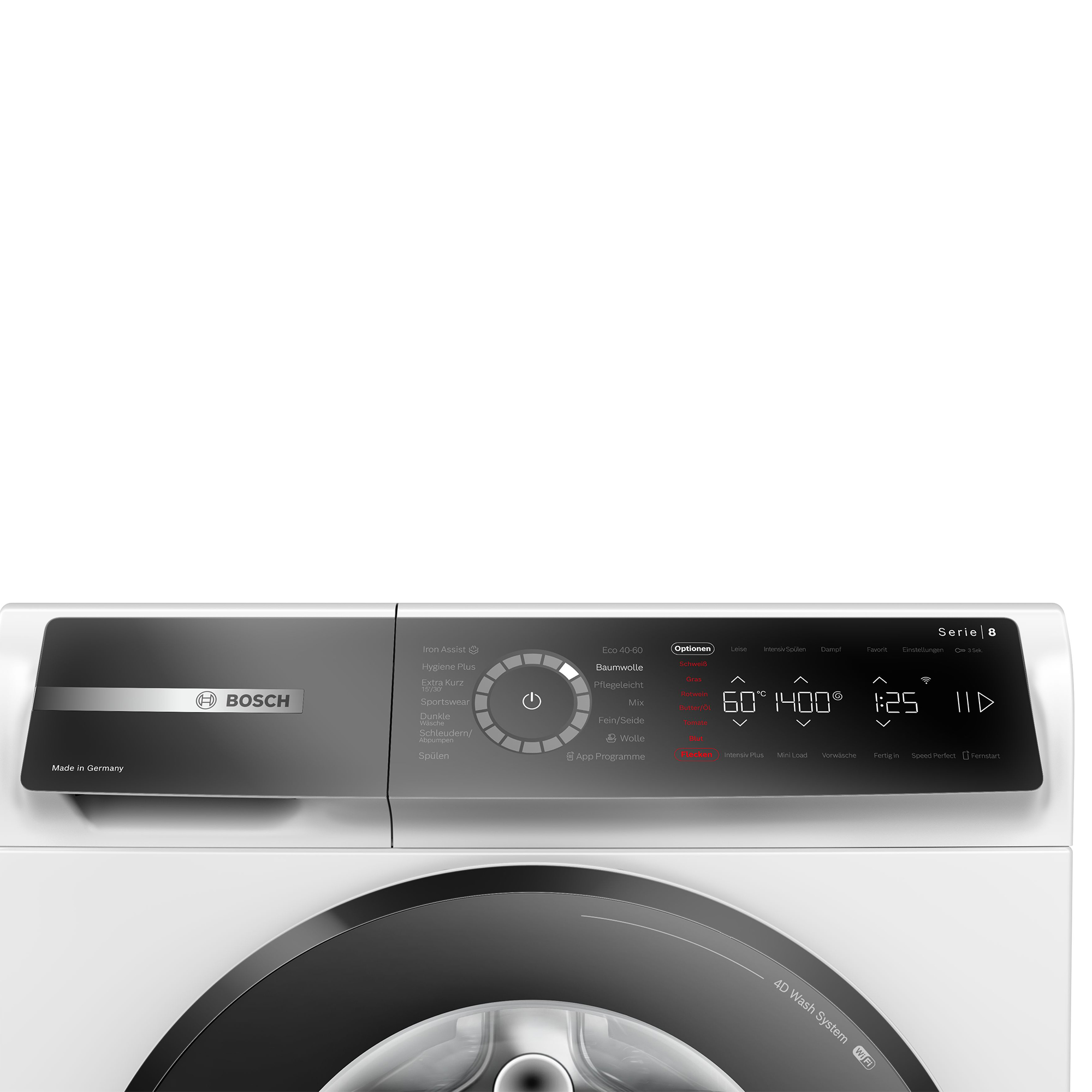 Bedienfeld einer weißen Bosch Serie 8 Waschmaschine mit Programmwahl, Digitaldisplay und Touch-Tasten.