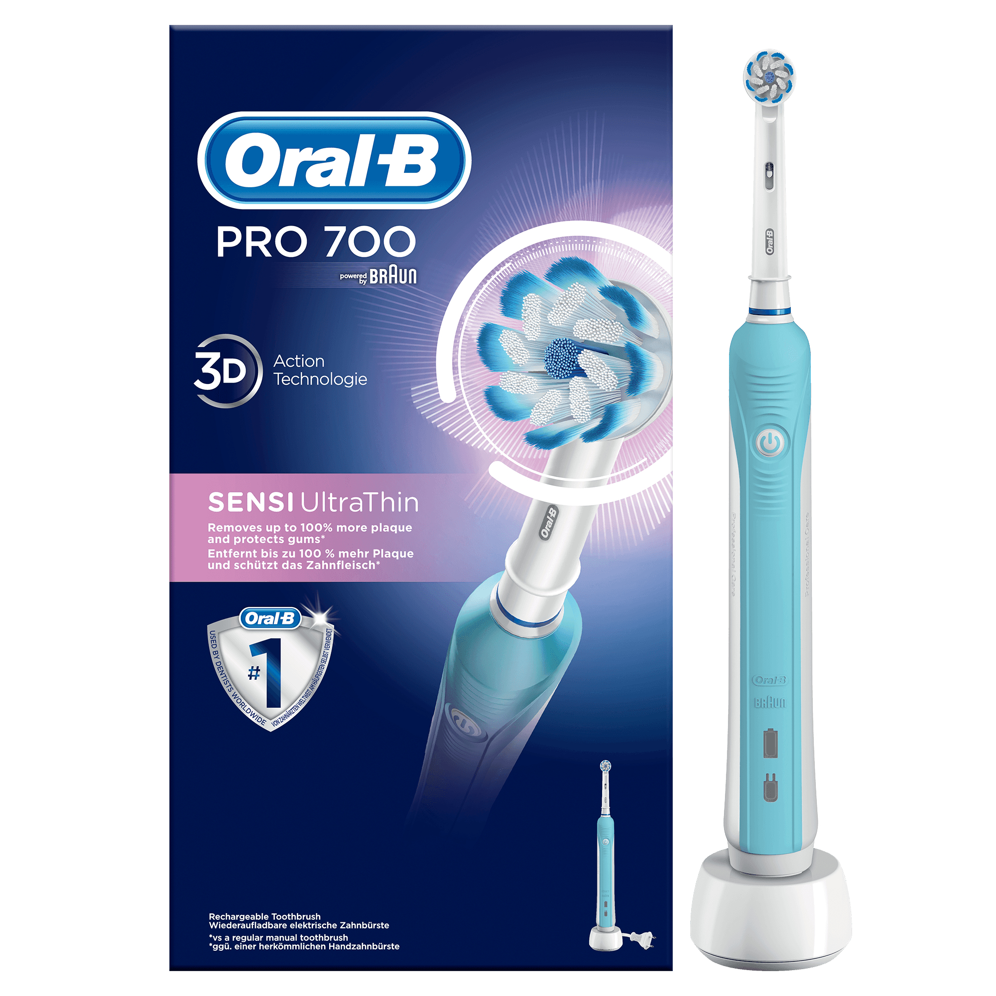 Blaue Verpackung einer Oral-B Pro 700 elektrischen Zahnbürste mit Ladebasis und Zahnbürste.