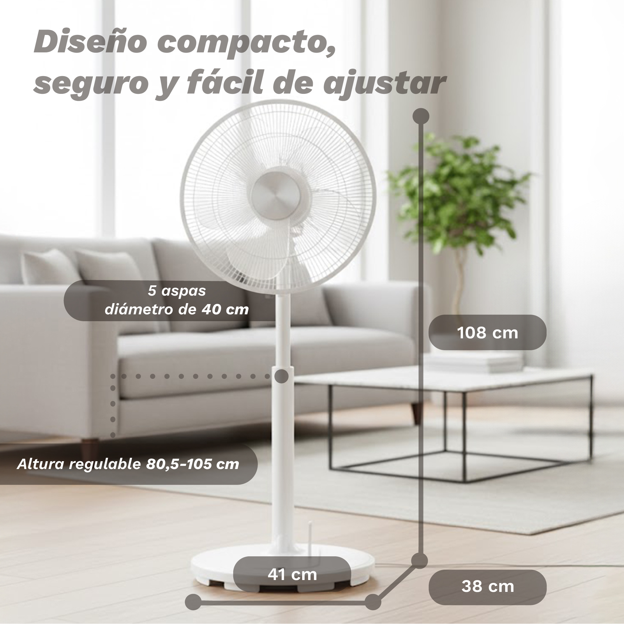 Ventilador de pie blanco en un salón con dimensiones y texto en español.