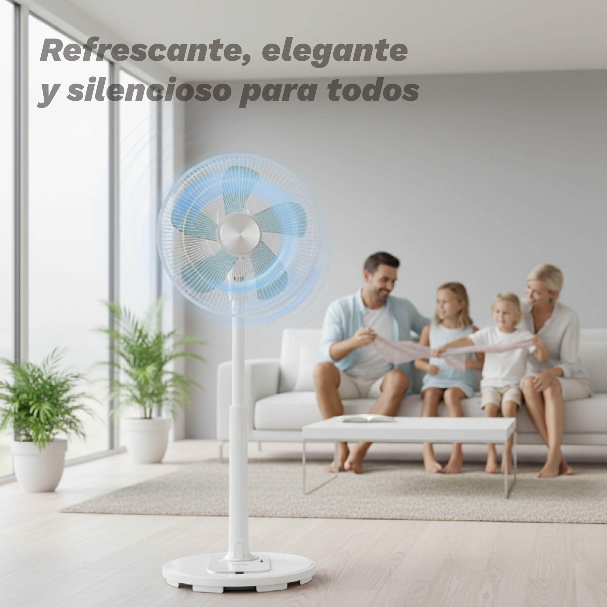Un ventilador de pie blanco en primer plano, con una familia sentada en un sofá al fondo.