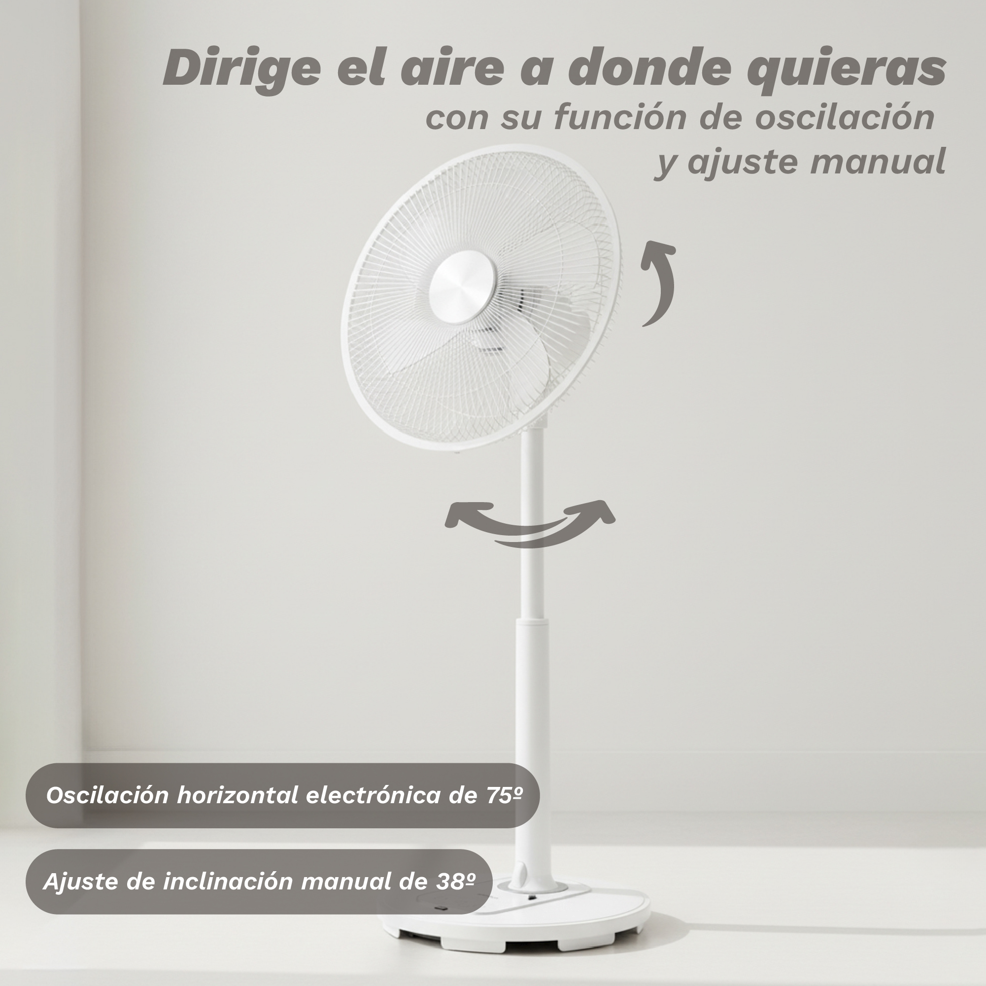 Un ventilador de pie blanco frente a una pared clara con texto y flechas explicativas de ajuste.
