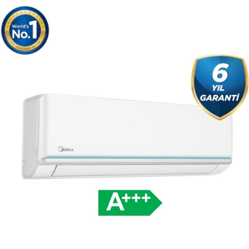 A+++ enerji sınıfı, 6 yıl garanti ve Dünya 1.si rozeti olan beyaz Midea klima.
