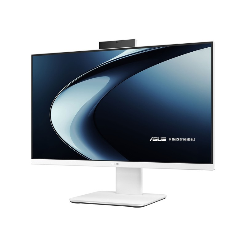 Beyaz arka planda web kameralı beyaz bir ASUS monitör.