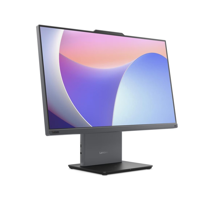 Beyaz arkaplanda renkli ekrana sahip gri bir Lenovo ThinkCentre hepsi bir arada bilgisayar.