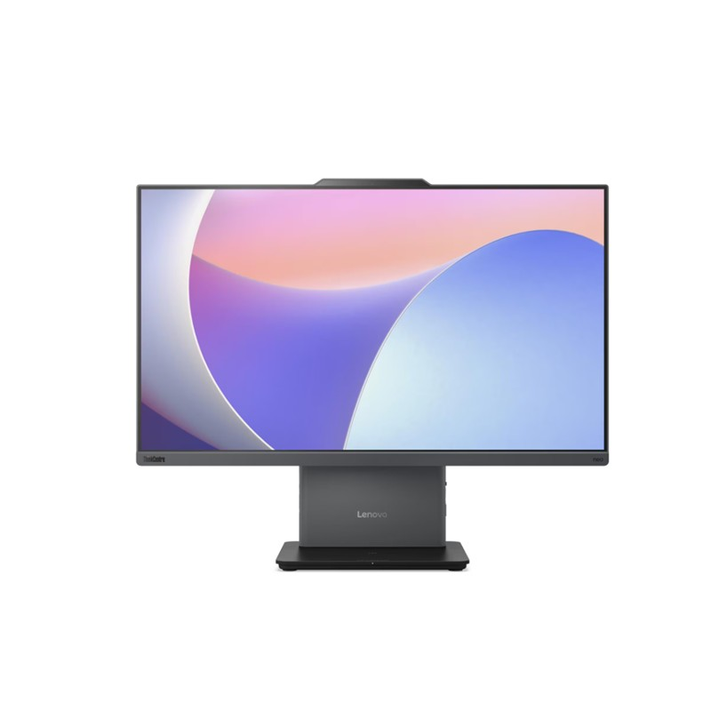 Beyaz arka plan üzerinde soyut pembe ve mavi duvar kağıdına sahip gri bir Lenovo ThinkCentre hepsi bir arada bilgisayar.