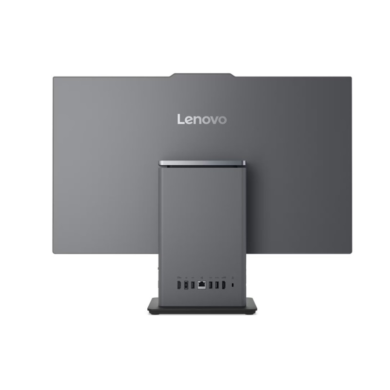 Entegre PC standı ve çeşitli bağlantı noktaları olan gri bir Lenovo monitörün arkadan görünümü.