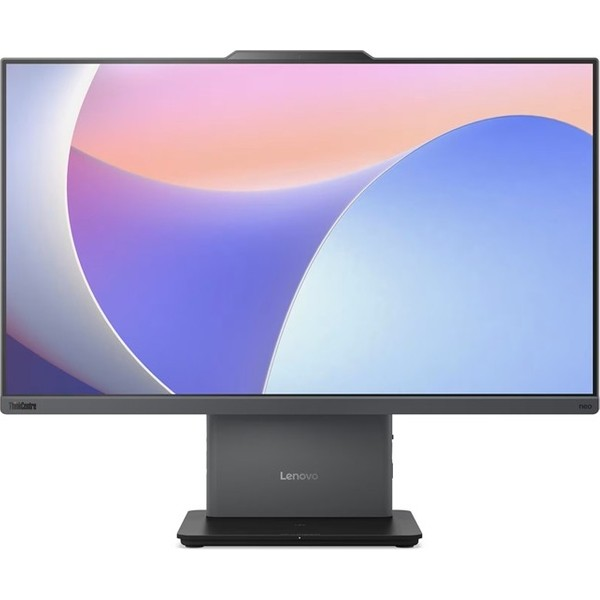 Gri renkli Lenovo ThinkCentre hep bir arada bilgisayar, ekranda soyut ve renkli bir arka plan gösteriyor.