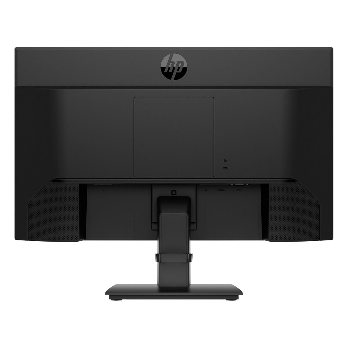 Widok z tyłu czarnego monitora HP z podstawką na białym tle.