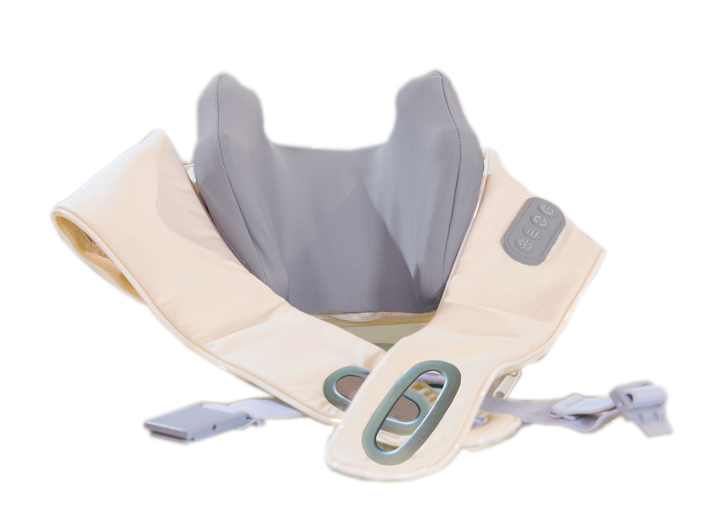 Un appareil de massage pour les épaules et le cou beige avec un coussin intérieur gris et un panneau de commande.