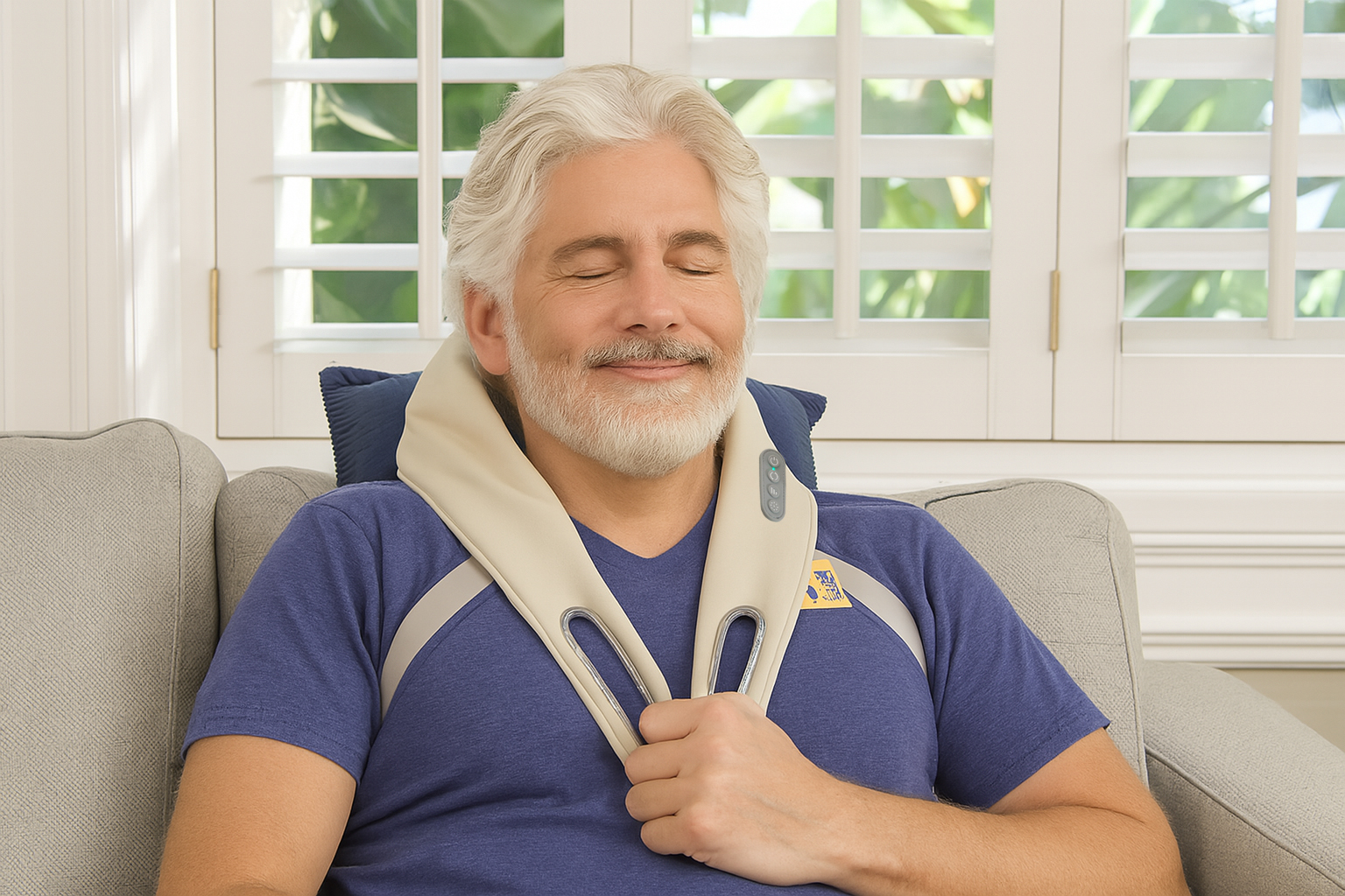 Un homme âgé souriant aux cheveux gris se détend sur un canapé gris avec un masseur de cou.