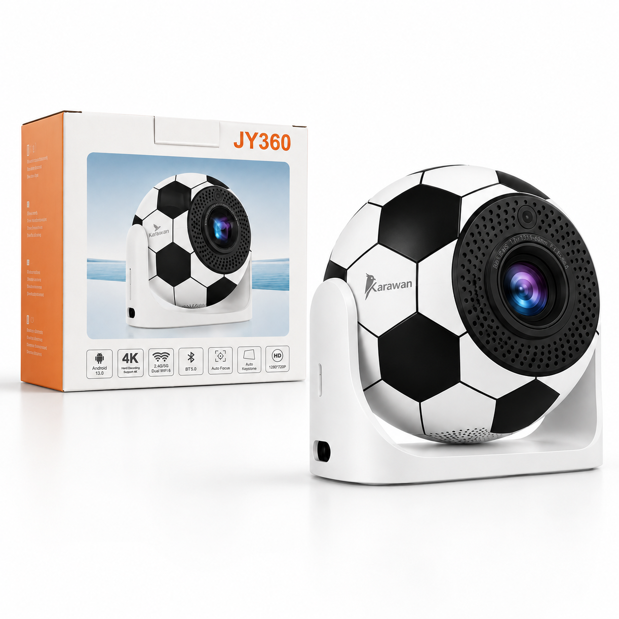 Un proyector en forma de balón de fútbol en un soporte blanco junto a su caja.