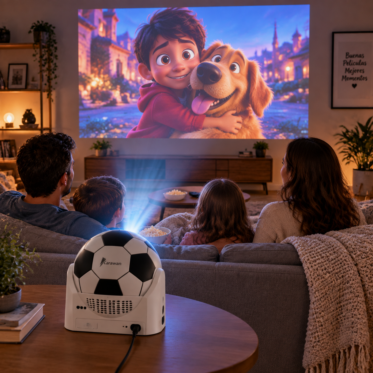Una familia ve una película proyectada en la pared desde un proyector con forma de balón de fútbol.